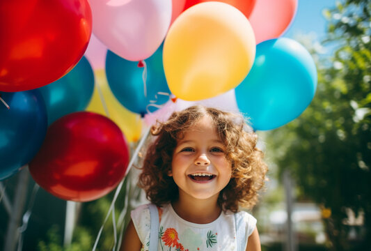 cute little girl celebrating birthday with colorful balloons. AI Generated Images