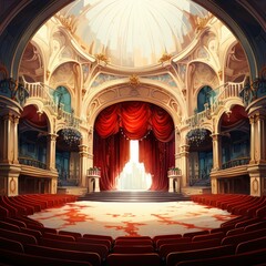 Naklejka premium Theater Stage With Dramatic Lighting Theatrical Light, Cartoon Illustration Background