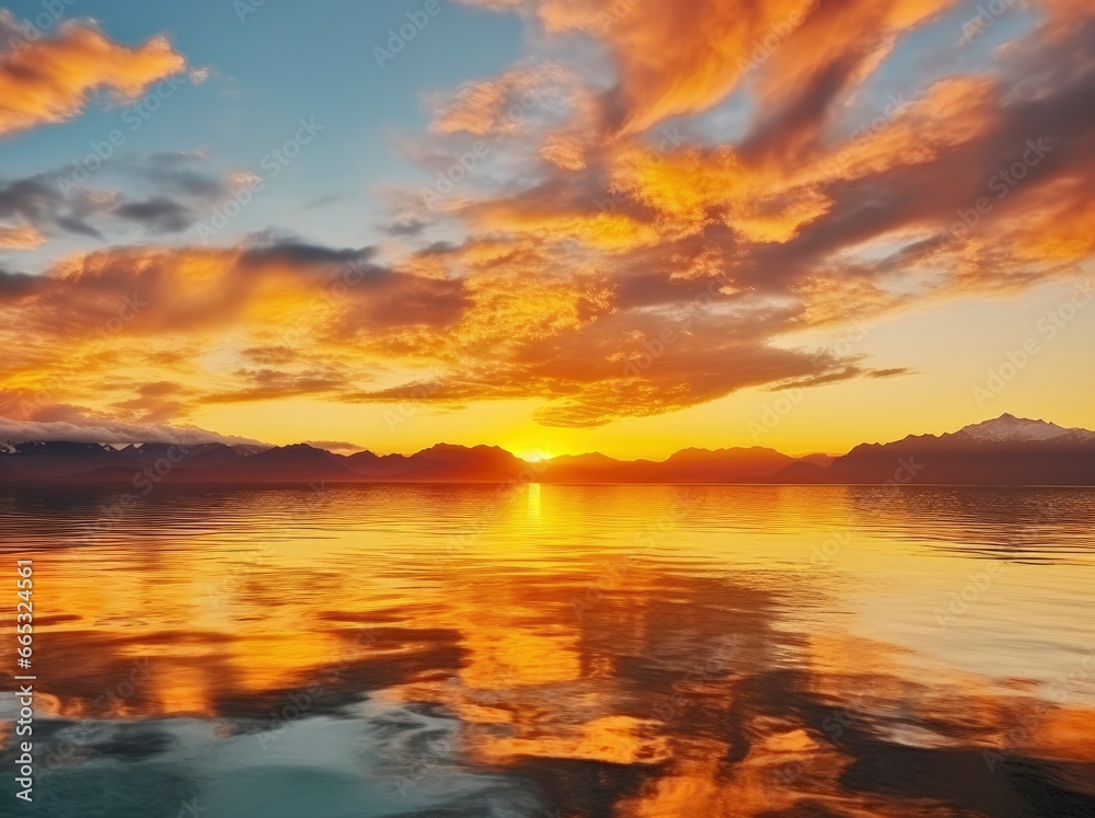 Wall mural bright sunset over lake golden clouds reflect in the water.