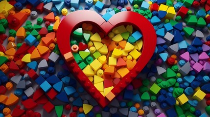 Building a heart-shaped structure out of colorful lego blocks is a child.