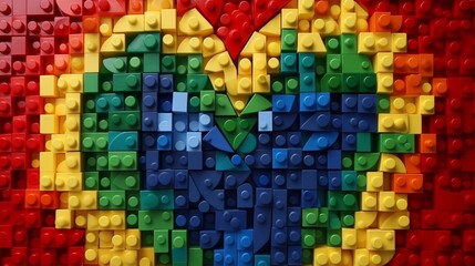 Building a heart-shaped structure out of colorful lego blocks is a child. 