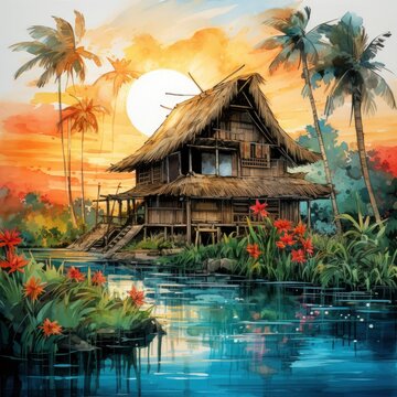 A watercolored bright serene image of a traditional bahay kubo.