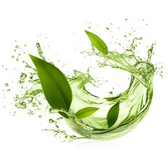 Green herbal tea wave splash with leaves flow.
