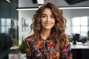 portrait of creative brunette woman wearing bright print suit shirt in office