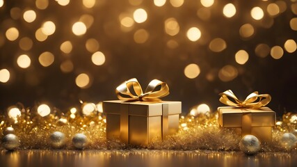 Luxury gift box with golden bokeh background