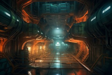 Naklejka na ściany i meble Underground factory-esque cyberpunk sci-fi backdrop. Generative AI