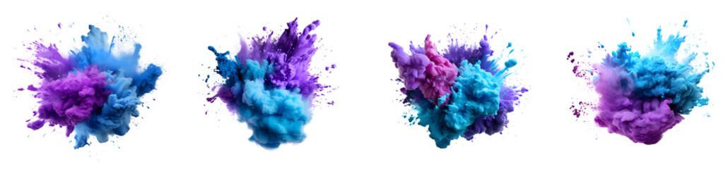 Fototapeta premium Set of powder explosion blue purple cyan, Colorful paint splash elements for design, isolated on white and transparent background