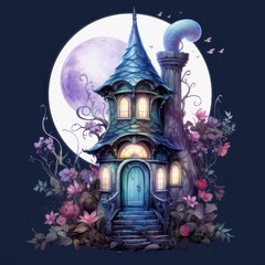 Moonlight dark themed night elf fairytale fantasy fairy house. - obrazy, fototapety, plakaty