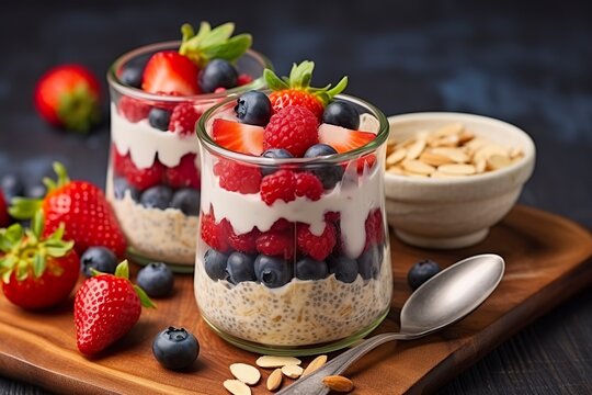 Mixed berries overnight oats with almond flakes in a glass jar, healthy breakfast.