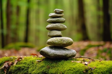 Pyramid stones balance on old mossy fallen tree.