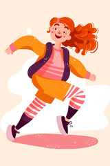 Cheerful girl in warm sportswear running and jumping. Vector illustration