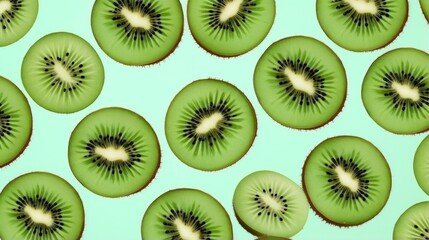 Slices of kiwi fruit and green mint leaves on a light pastel blue background. - obrazy, fototapety, plakaty