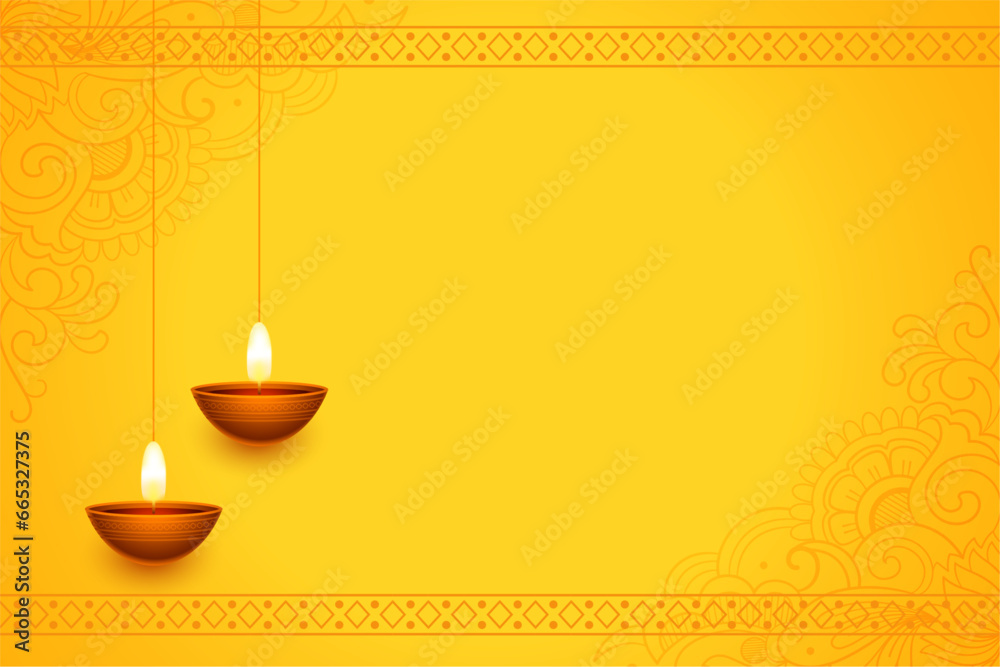 Wall mural traditional shubh deepavali yellow background with text space and diya design