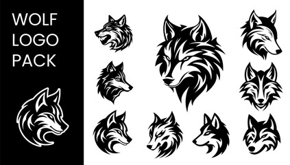 Wolf head logo set. Vector illustration of a wolf head in different poses.