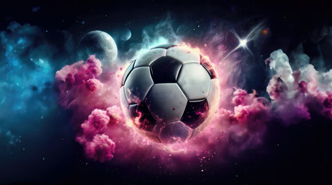 Soccer ball as a planet in space with pink smoke and explosions, dark background, sports, graphic arts, for banner, poster, flyer, football, goal, business concept, target, kick