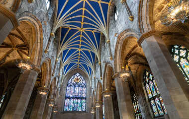 view of ceiling and windows at St. Giles Cathedral, Edinburgh, Scotland - obrazy, fototapety, plakaty