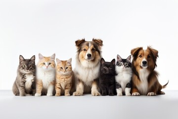 Generative AI : Different size and breed cats and dogs in a row together looking at camera over white