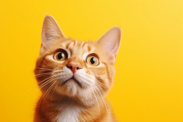Fototapeta premium Generative AI : Red cat licking face isolated on yellow. Ginger pet with big eyes looking up. Tasty food for animal. Red fluffy friend. Domestic cute pet.