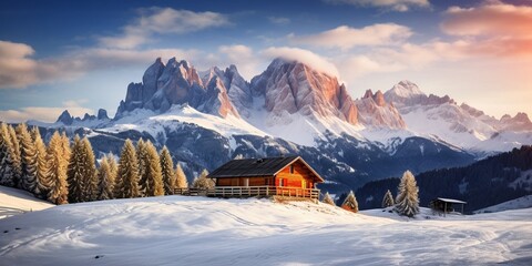 Generative AI : landscape with small wooden log cabin on meadow Alpe di Siusi on sunrise time