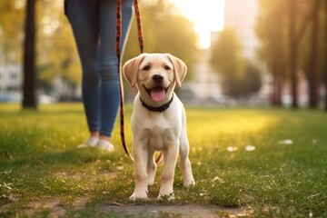 Generative AI : Young happy labrador dog walks on a leash on a green grass in a city park