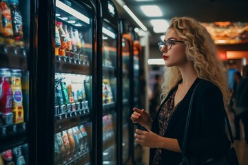 Generative AI : young caucasian woman in eyeglasses and black shirt stands by vending machines and chooses what to buy. - obrazy, fototapety, plakaty