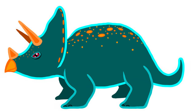 Dinosaurio Triceratops de color azul con naranja en estilo dibujo animado o caricatura en 2D. Creado por artista Diego Ferro