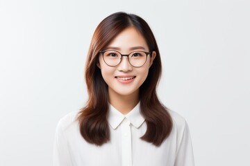 Generative AI : Image of young asian woman, company worker in glasses, smiling and holding digital tablet, standing over white background
