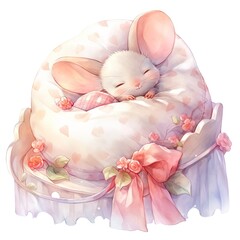 Fototapeta na wymiar A sleepy baby mouse in a bedding, watercolor illustration.