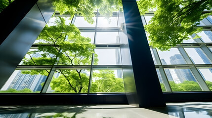 Modern office green building. Panoramic view,Eco - friendly building in the modern city.  Sustainable glass office building with tree for reducing heat and carbon dioxide,Corporate building reduce CO2 - obrazy, fototapety, plakaty
