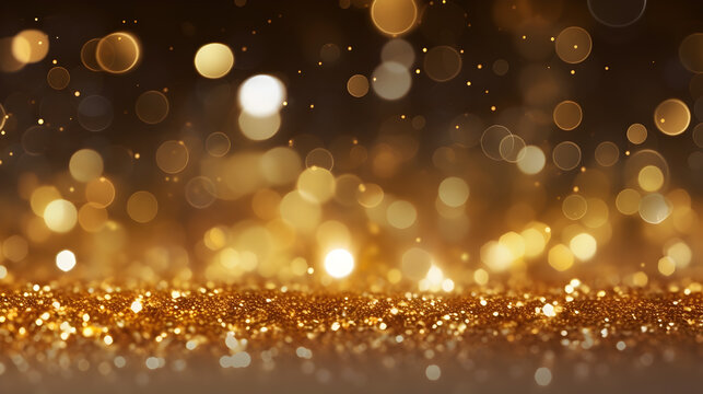 golden christmas particles and sprinkles for a holiday celebration like christmas or new year. shiny golden lights. wallpaper background for ads or gifts wrap and web design. gold glitter bokeh