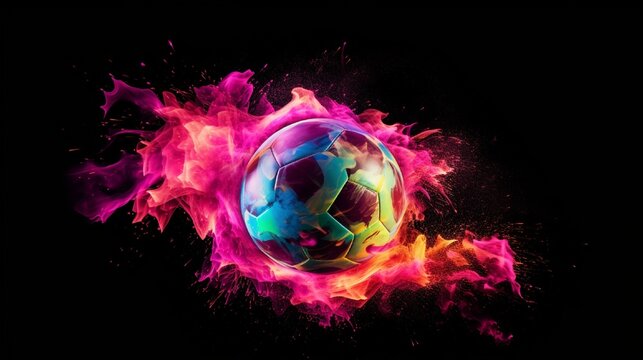football with neon-colored powder explosion isolated on a black backdrop.