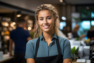 happy  young and attractive saleswoman, cashier serving customers,Smiling, The concept of maintenance and service. - obrazy, fototapety, plakaty