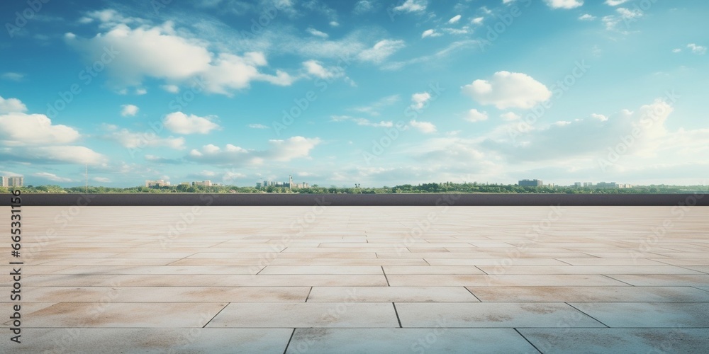 Poster Generative AI : Nice Blue Sky with Floor Background with Beautiful Clouds Empty Landscape