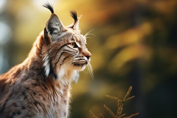 Obraz premium Generative AI : Lynx in green forest with tree trunk. Wildlife scene from nature. 
