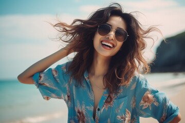 Generative AI : Happy smile female covering the sunshine with her hand on the sea
