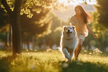 Generative AI : Happy asian woman playing with dog on the park in sunset light, summer vacation.
