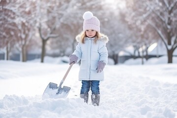 Fototapeta na wymiar Generative AI : Adorable girl dig snow on playground covered with snow. 