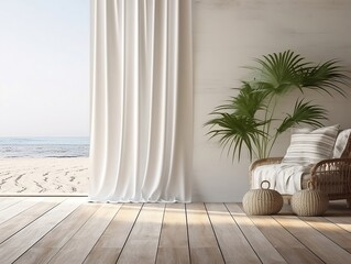 White bedroom on wooden flooring is sitting next to a wicker furniture generative ai