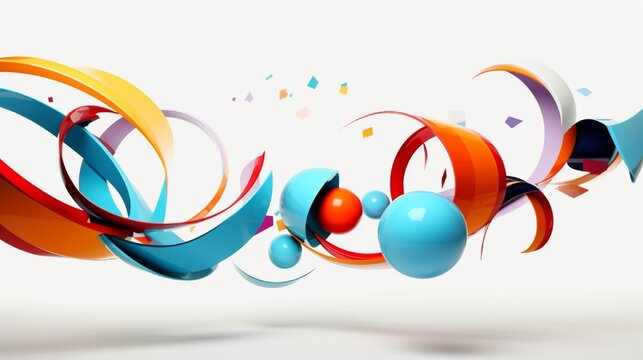 geometric forms, vibrant figures flying against a white background