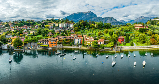 Landscape with Pescallo village, Bellagio town at Como lake region, Italy