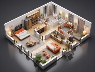 3D floor plan of an open concept living apartment layout home generative ai