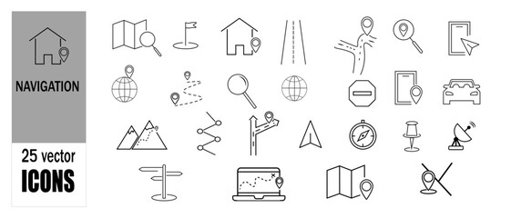 Set of 25 navigation icons. Linear style.