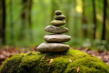 Pyramid stones balance on old mossy fallen tree.