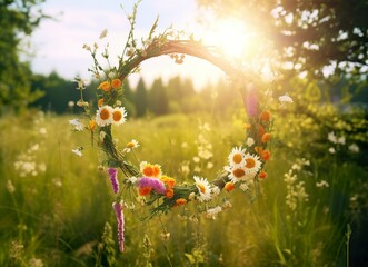 Rustic wildflowers wreath on a sunny meadow. Summer Solstice Day, Midsummer concept.