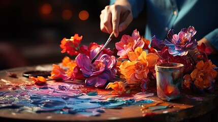 An artist creating a floral still life painting on a tabletop