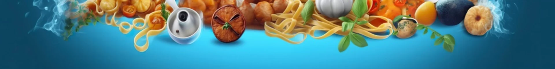 Foto op Canvas Web page banner of famous Italian food recipes on clean blue background. © Dibos