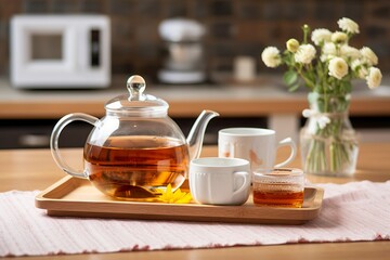 Wooden tray with teapot, cups of natural chamomile tea and flowers on table.