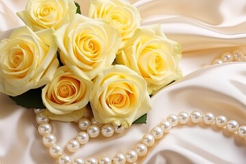 Obraz premium Yellow roses bouquet and pearls,in white background.