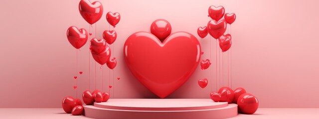 Heart 3D background podium balloon pink day display love happy valentine platform gift party.  Product stand 3D background heart stage sale birthday emoji mom icon scene concept mother anniversary.