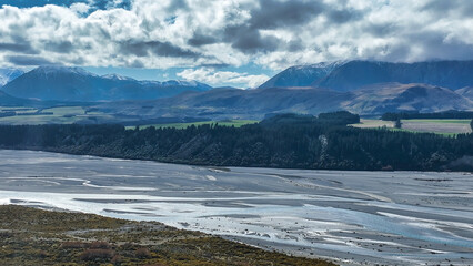 Farming countryside below Mount Hutt and overlooking the Rakaia river and gorge